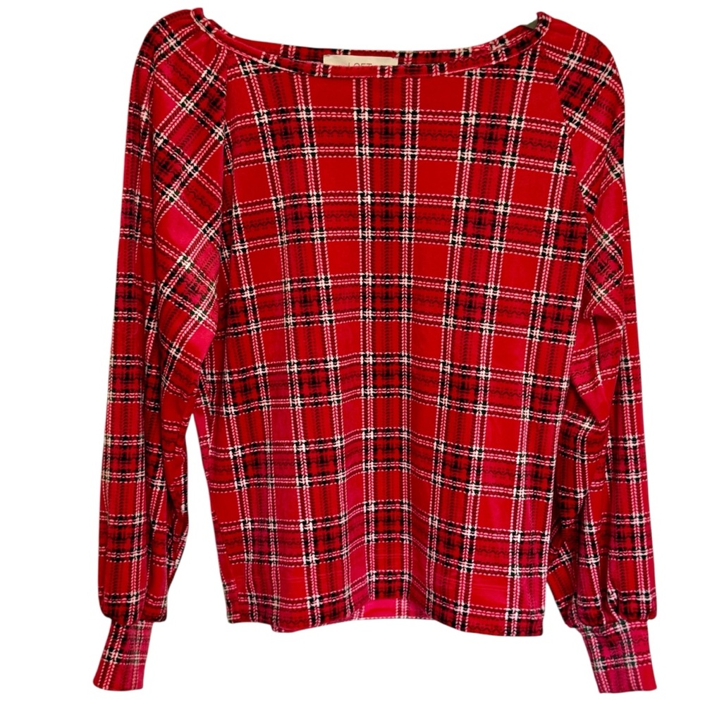 LOFT Plaid Velour Sweatshirt Womens XS Red‎ Plush Soft Loungewear Preppy Top NEW